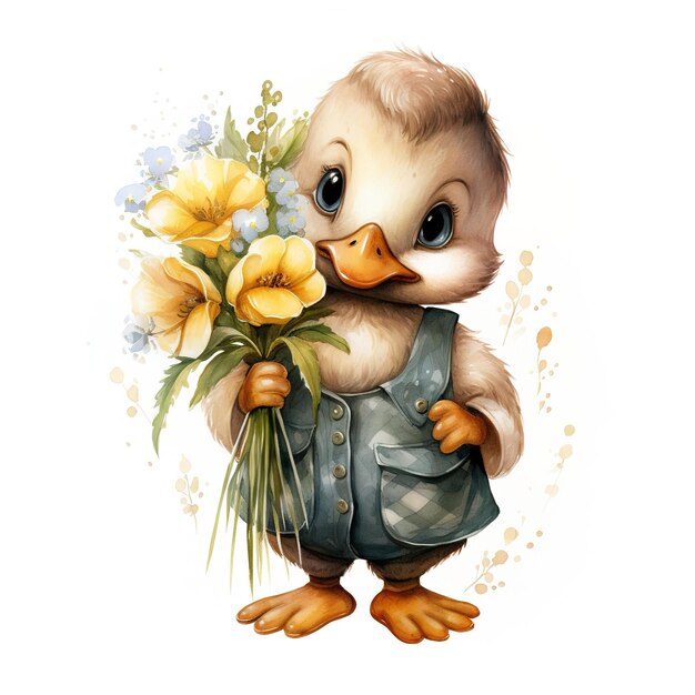 watercolor illustration of a cute duckling holding a bouquet of flowers on a white background