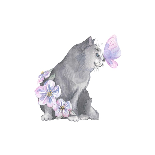 Watercolor illustration of a cute gray cat with a butterfly on its nose