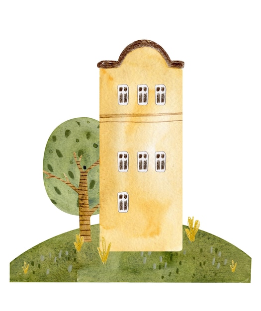 watercolor illustration of a cute house with a tree in a clearing hand drawn house on a hill