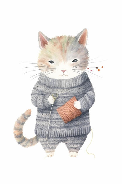 Watercolor illustration of a cute knitted cat