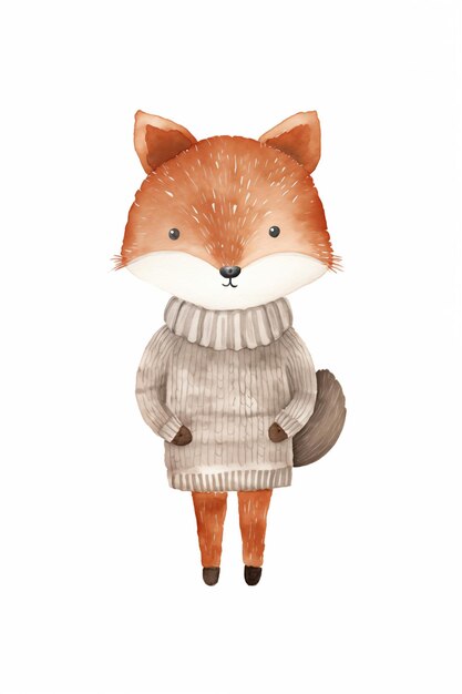 Watercolor illustration of a cute knitted fox nursery art depicting simple charming clipart