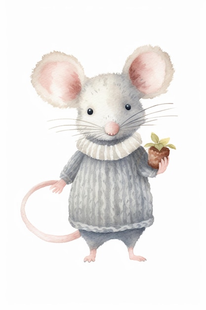 Photo watercolor illustration of a cute knitted mouse