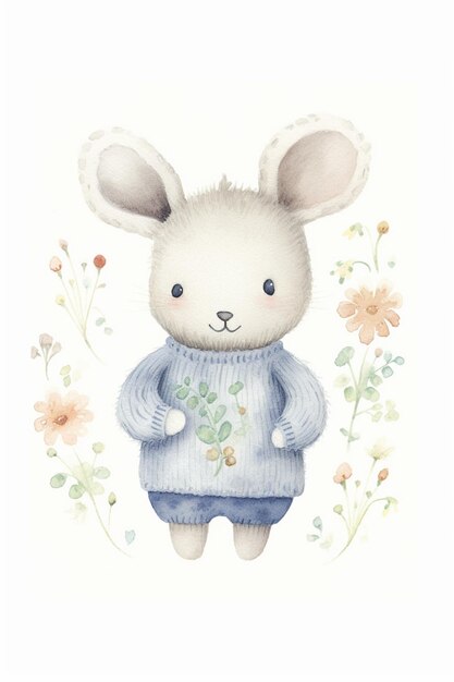 Watercolor illustration of a cute knitted rabbit