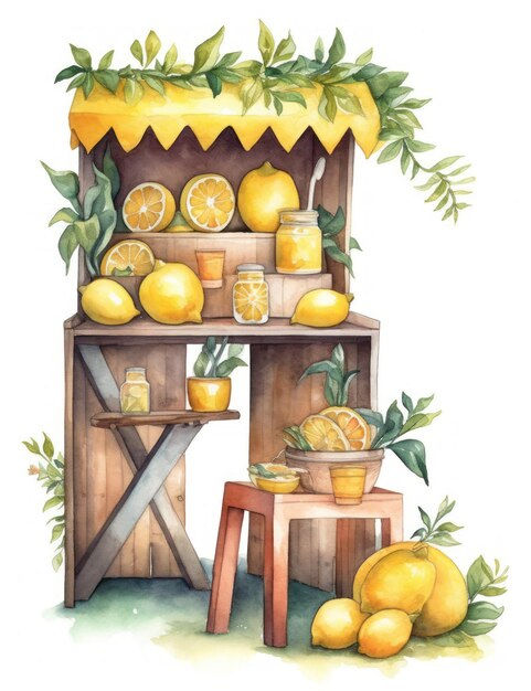 Watercolor Illustration of a Cute Lemonade Stand on White Background