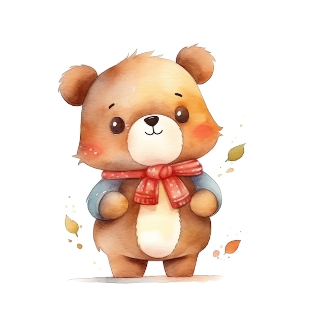 빨간 스카프를 두른 귀여운 작은 곰의 수채화.