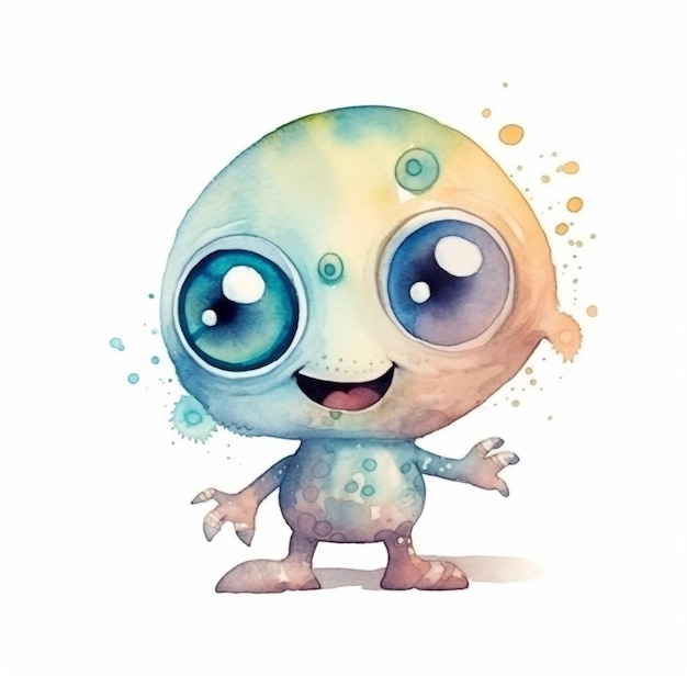 A watercolor illustration of a cute little monster with blue eyes