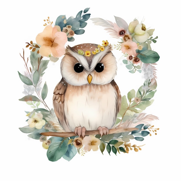 Watercolor illustration of a cute owl Generative AI