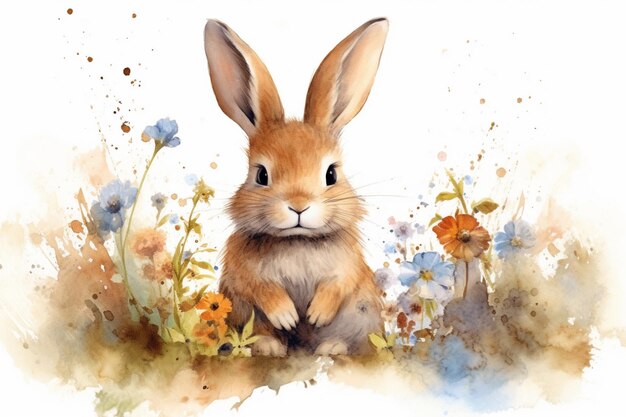 Photo watercolor illustration cute rabbit generative ai