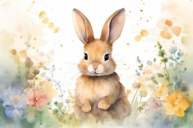 Photo watercolor illustration cute rabbit generative ai