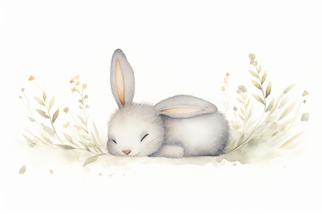 Watercolor illustration of a cute sleeping rabbit