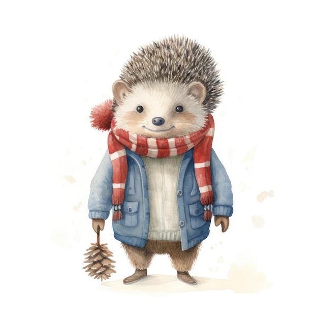 Watercolor illustration of a cute smiling hedgehog wearing a warm hat and scarf