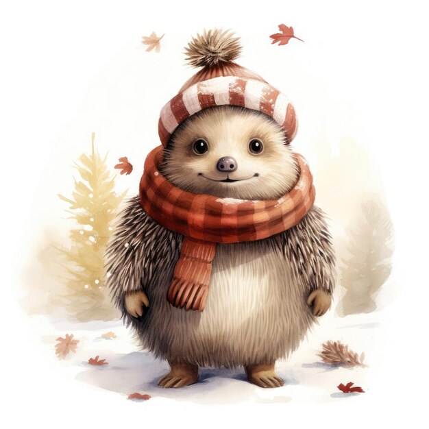 Watercolor illustration of a cute smiling hedgehog wearing a warm hat and scarf