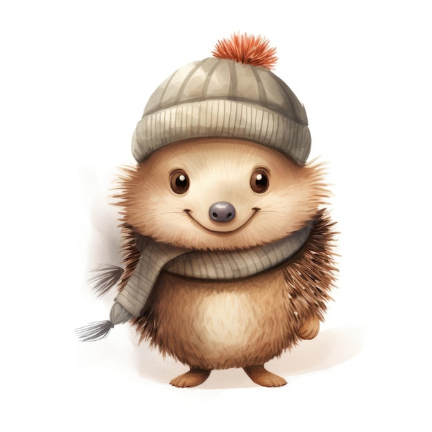 Watercolor illustration of a cute smiling hedgehog wearing a warm hat and scarf