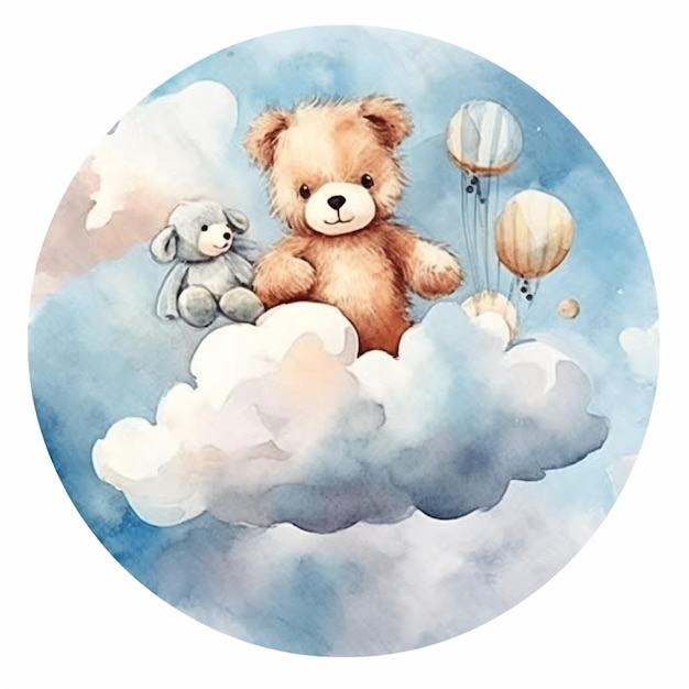 Watercolor illustration of a cute teddy bear sitting on a cloud