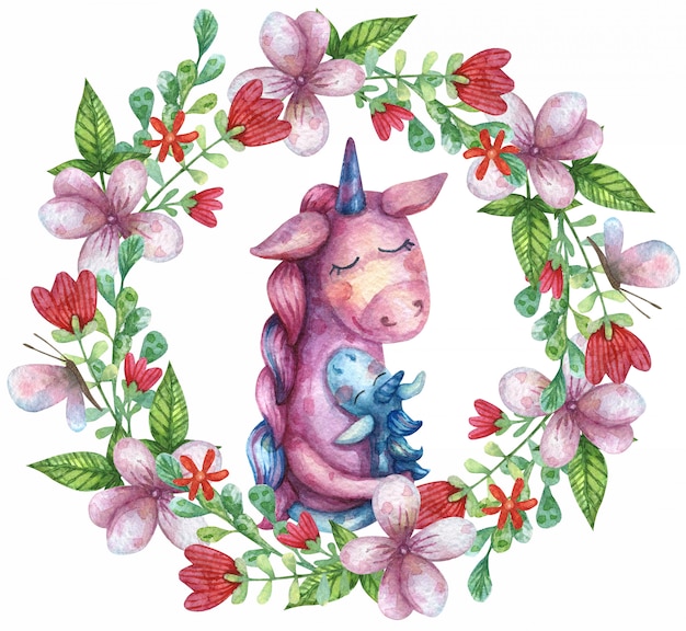 Watercolor illustration of a cute unicorn hugging mom. Wreath of wildflowers and leaves and butterflies.