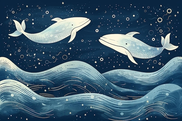Watercolor illustration of a cute whale swimming in the sea Underwater world