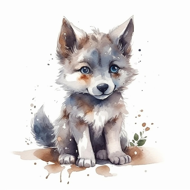 Watercolor illustration of a cute wolf isolated on white background