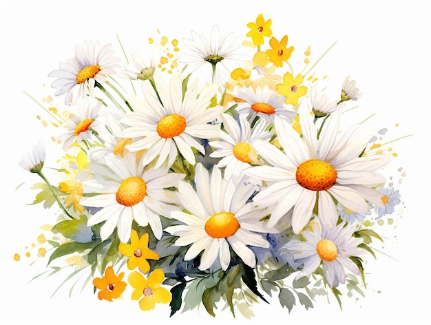 Watercolor illustration of daisy flowers bouquet on white