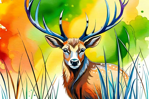 Watercolor illustration of a deer in a forest generative ai