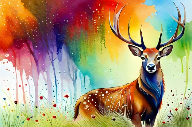 Photo watercolor illustration of a deer in a forest generative ai