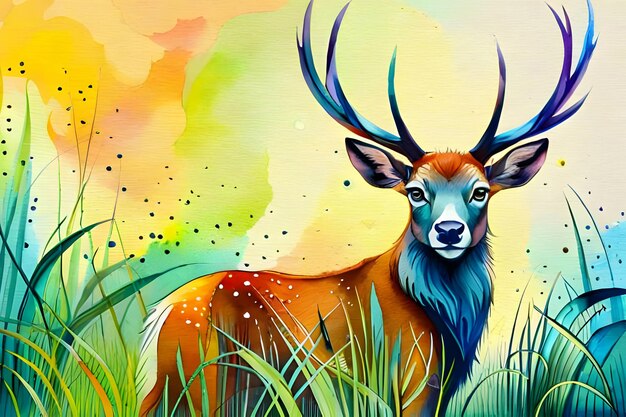 Watercolor illustration of a deer in a forest generative ai