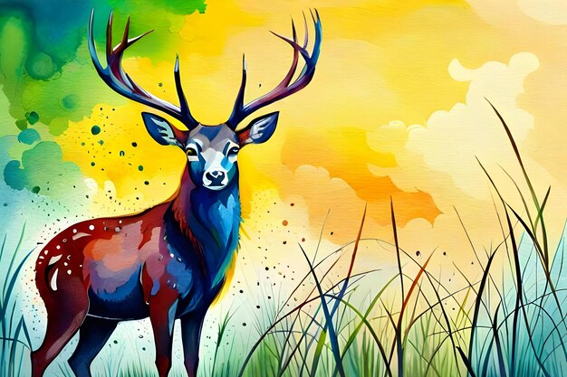 Watercolor illustration of a deer in a forest generative ai