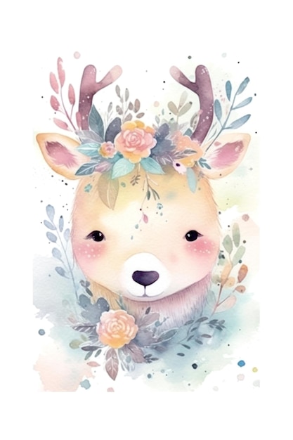 A watercolor illustration of a deer with flowers and leaves.