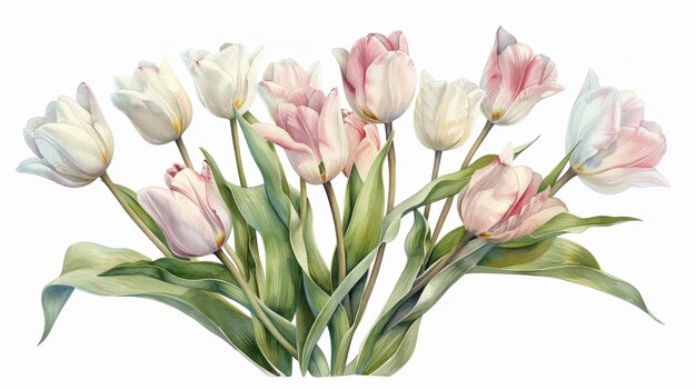 watercolor illustration delicate light pink and white tulips bouquet generative ai