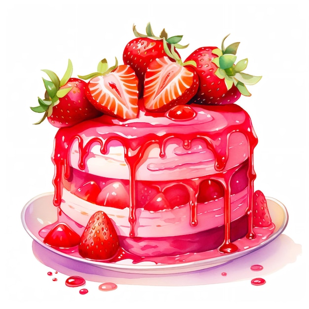 Watercolor Illustration of Delicious strawberry Pastries and Cakes