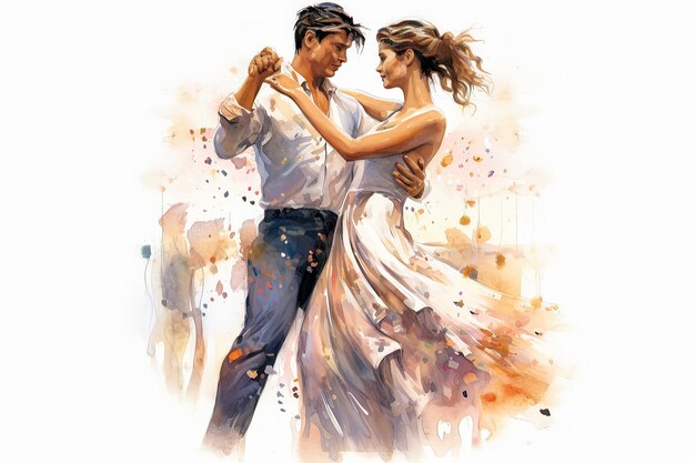 акварельная иллюстрация, изображающая влюбленную пару, танцующую на ярком фоне