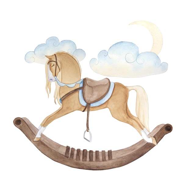 Акварельная иллюстрация, изображающая старинную милую сказку, детскую игрушечную лошадку-качалку, изолированную