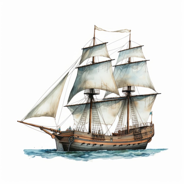 Watercolor Illustration Of A Detailed 17th Century Schooner Ship