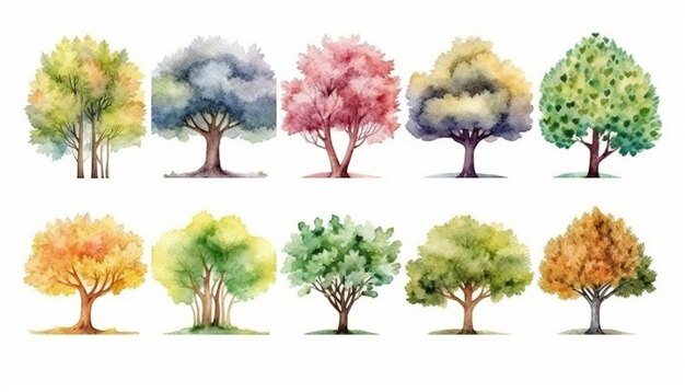 A watercolor illustration of different trees