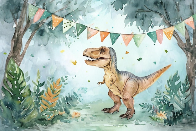 Photo watercolor illustration of a dinosaur in the forest cute dinosaurs