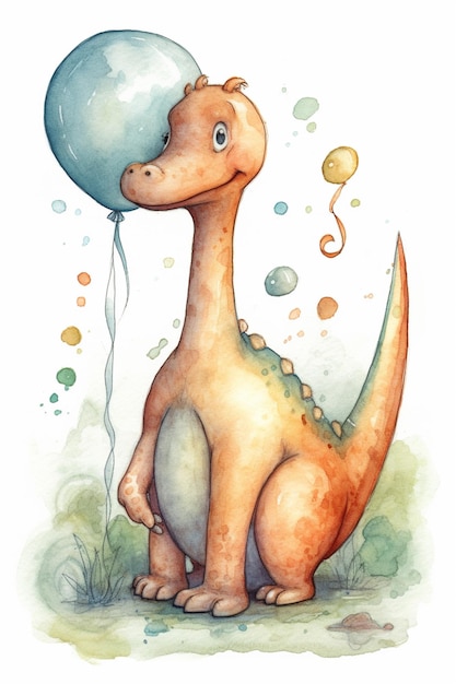 A watercolor illustration of a dinosaur with a balloon.