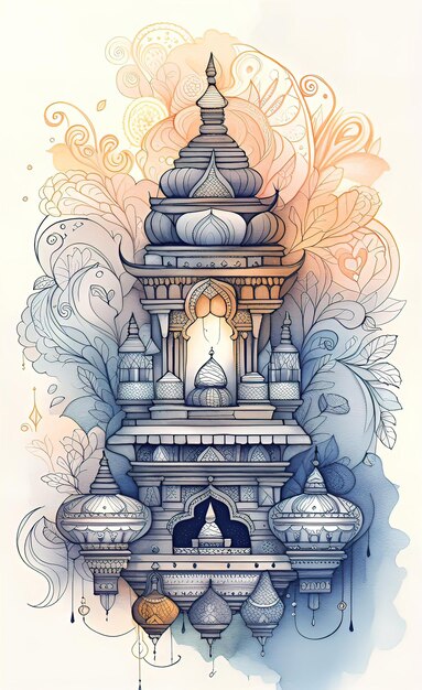 Photo watercolor illustration diwali theme line art doodle cartoon pattern