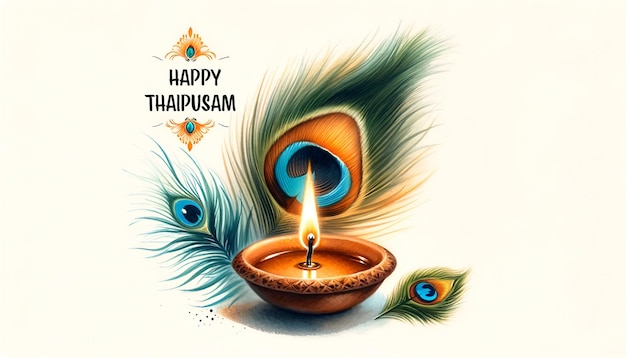 Watercolor illustration of diya lamp and peacock feathers for thaipusam