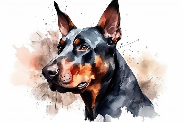 Watercolor illustration of dobermann portrait with drops and splashes of watercolor paint on white background generative AI