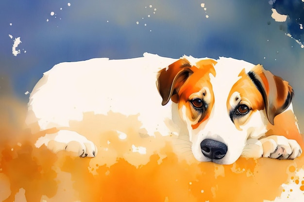 ソファに横になってカメラを見ている犬の水彩イラスト ジェネレーティブAI