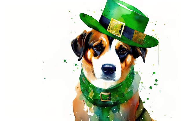 Watercolor illustration of a dog wearing a green hat for st patrick's day ireland's national holiday