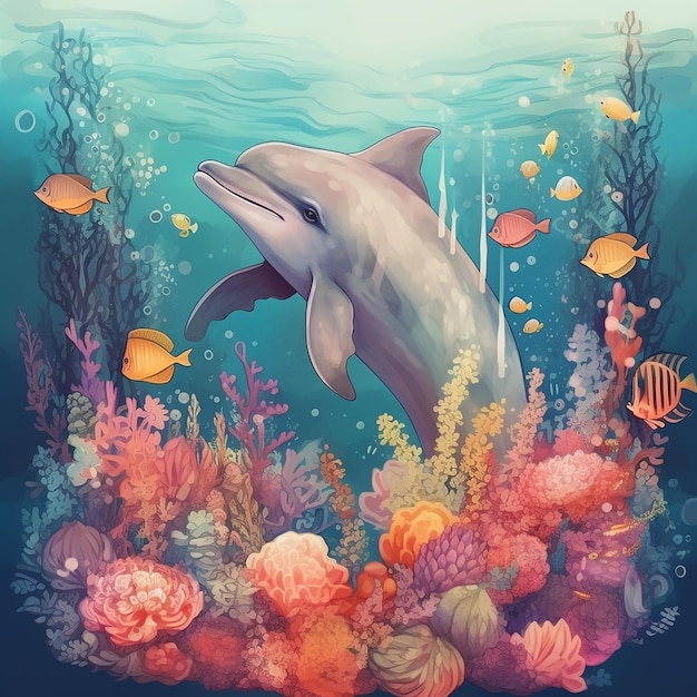 A watercolor illustration of a dolphin swimming in the ocean.