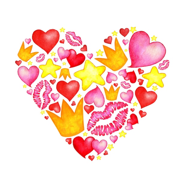 Watercolor illustration of doodle heart shaped. Crown, pink and red hearts, kiss lips imprint and stars. Valentine's day