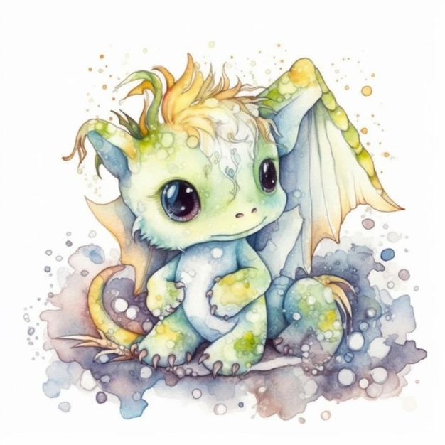 A watercolor illustration of a dragon sitting on a cloud.