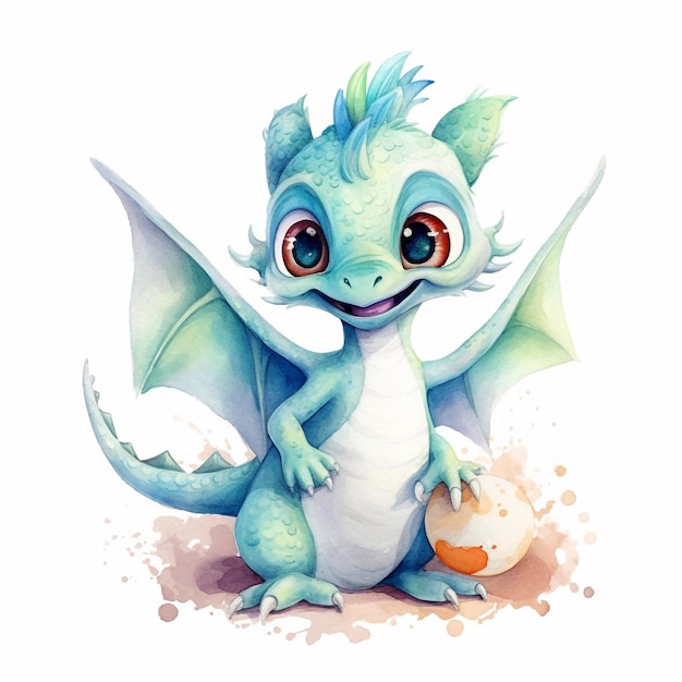 Акварельная иллюстрация дракона с синими крыльями и синими крыльями.