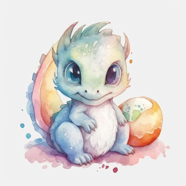 A watercolor illustration of a dragon with a painted egg.