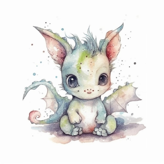 Watercolor illustration of a dragon with wings and tail.