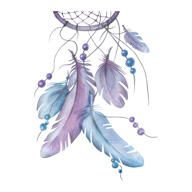 Watercolor illustration dreamcatcher lilacblue with feathers and beads Delicate lilac painted using colored pencils For poster wallpaper decoration postcard design