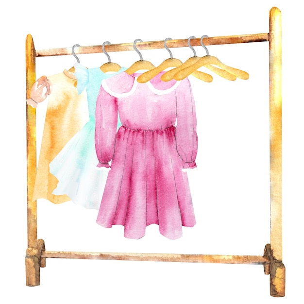 Watercolor illustration of a dress for a girl on a hanger Sewing childrens clothes hand drawing