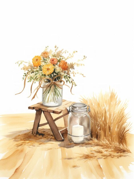 Watercolor illustration of dried flowers in glass jar and candle on wooden table generative ai