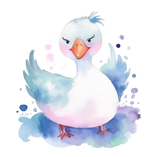 Watercolor illustration of a duck with a blue background